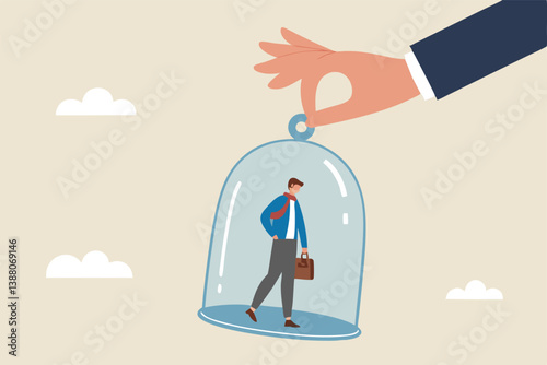 Employee or customer retention, reduce churn rate or talent management, company loyalty or CRM customer relationship management concept, businessman hold glass to retain small employee inside.