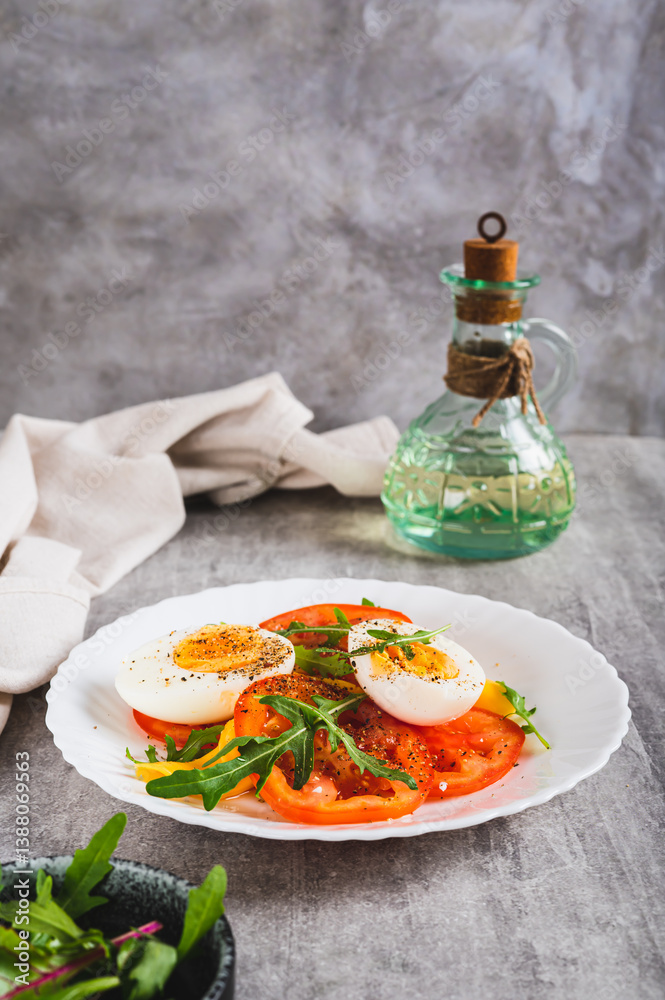Light appetizer of tomatoes, boiled egg, cheese and arugula on a plate vertical view