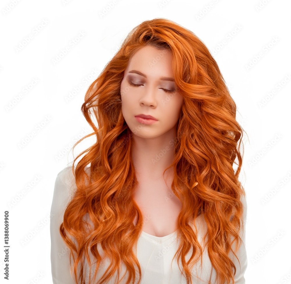 Naklejka premium Beautiful woman with long orange hair with defined and voluminous wavy curls, freshly curled curls. Fresh and glowing skin with natural and light eye make-up. Clean soft and balanced lighting. Innocen