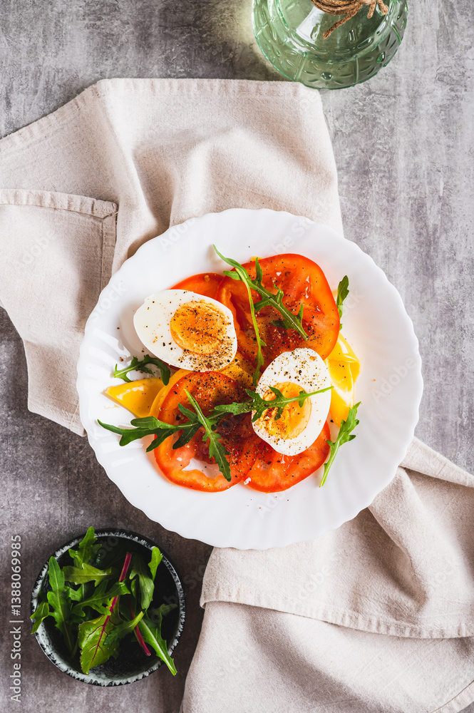 Tomato slices, egg, cheese and herbs on a plate on the table top and vertical view