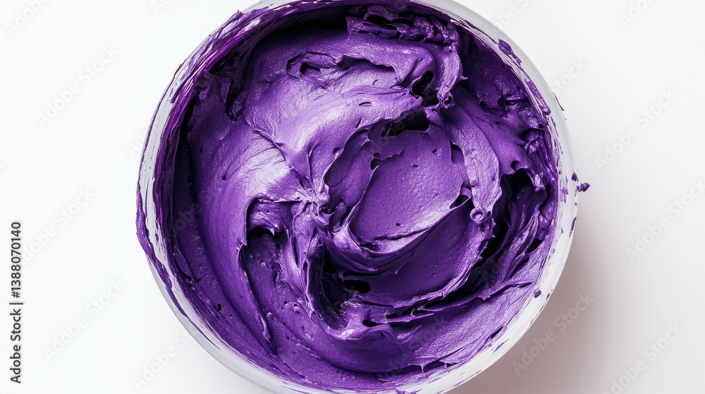 Fototapeta premium Deep purple cream in a separate round bowl, bright white background for contrast.