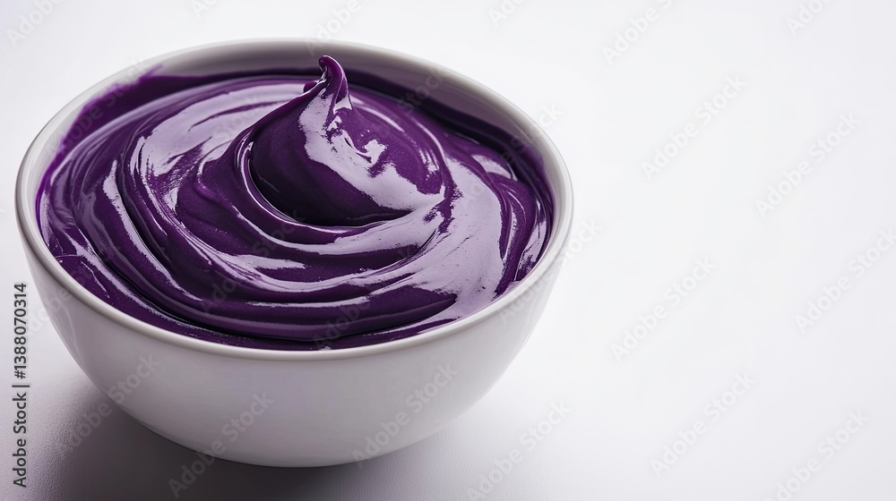 Deep purple cream in a separate round bowl, bright white background for contrast. Deep purple cream in a separate round bowl, bright white background for contrast.
