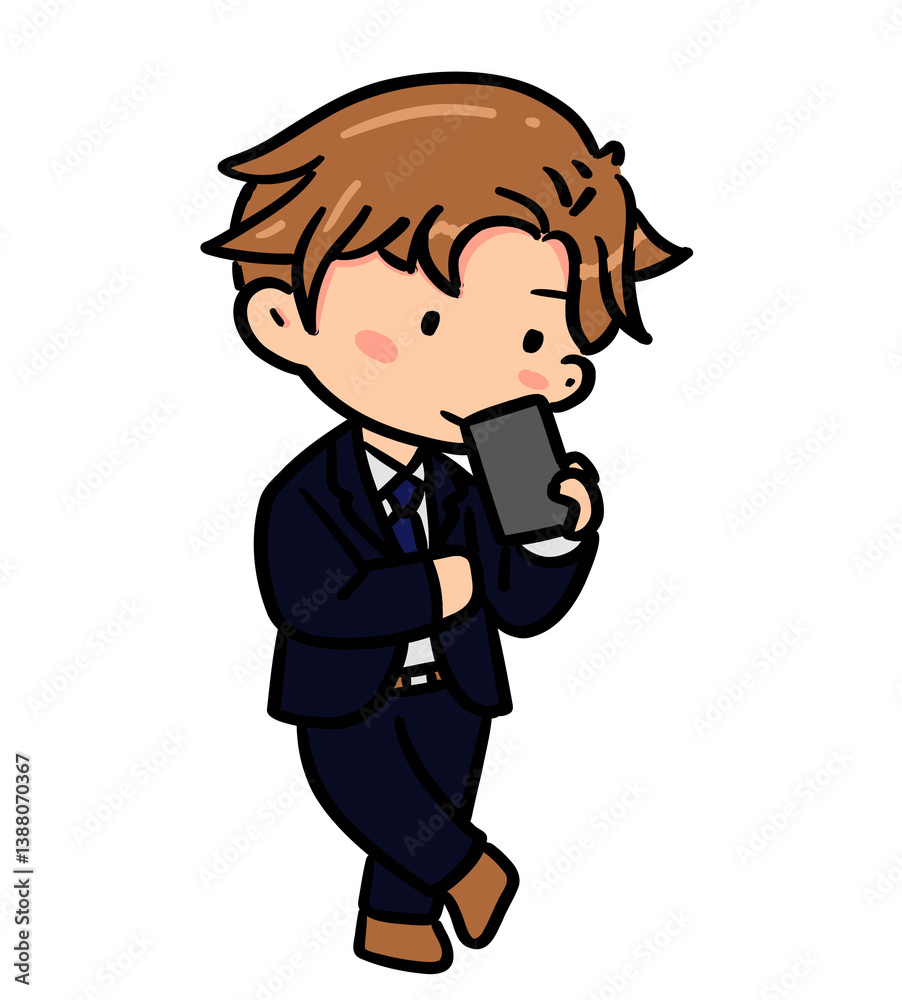 cute business man acting holding mobile phone in doodle style illustration cute business man acting holding mobile phone in doodle style illustration