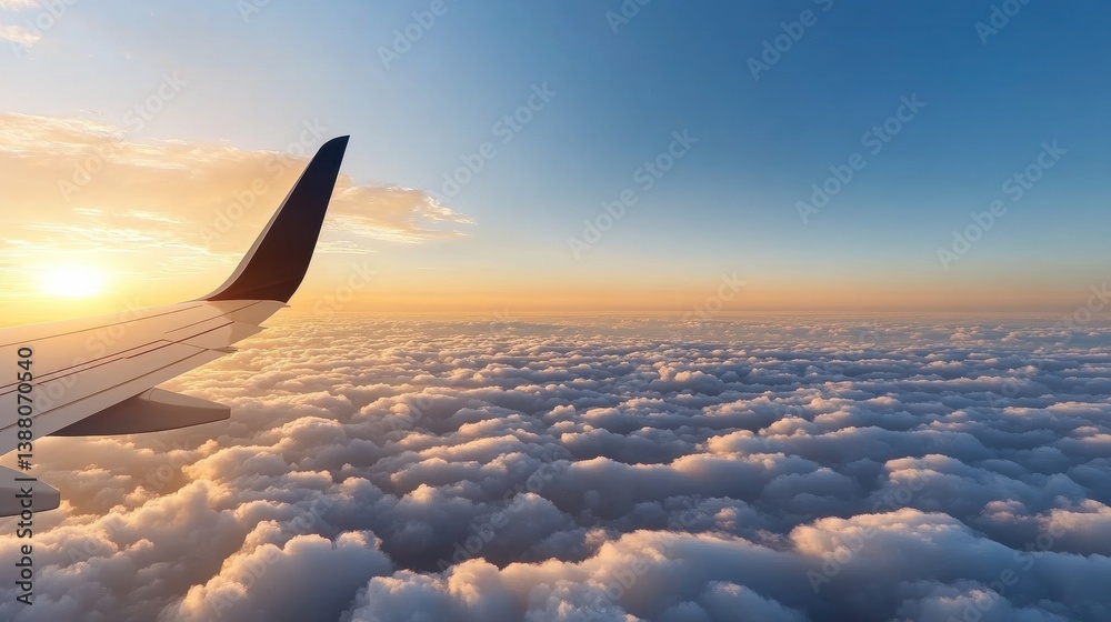 Obraz premium Breathtaking View from Airplane Wing Above Soft Cloud Layer at Sunset