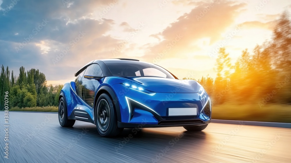 Obraz premium Futuristic Electric Car Driving on Road During Sunset Scene