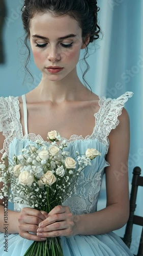 Young woman holding a bouquet in a soft blue dress in a serene indoor setting during daylight hours