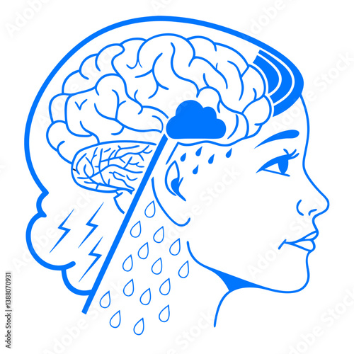 Female profile with lightning and tears – emotional pain and mental stress