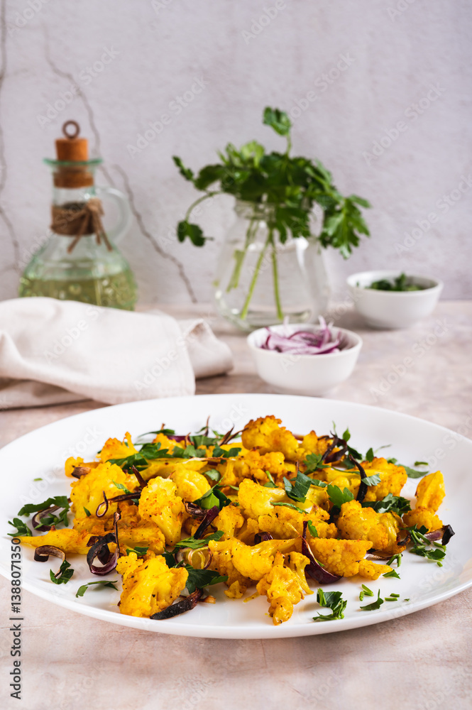 Baked small cauliflower steaks with onions and herbs on a plate on the table vertical view