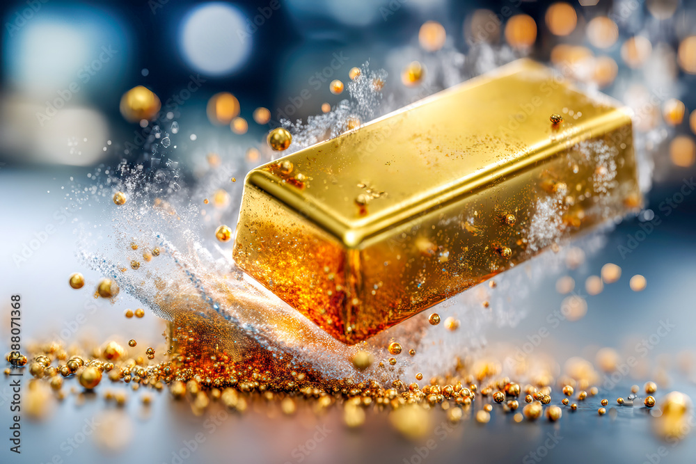 Gold bar exploding over gold particles and dust creating a concept of wealth and abundance Gold bar exploding over gold particles and dust creating a concept of wealth and abundance