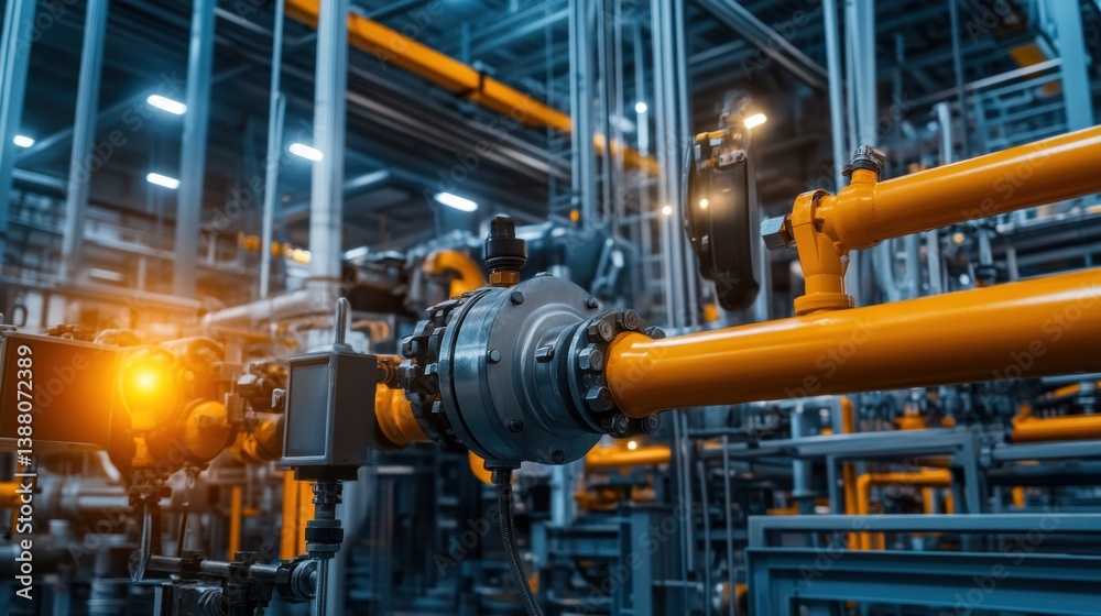 Industrial Machinery with Pipes and Valves in a Modern Facility Industrial Machinery with Pipes and Valves in a Modern Facility