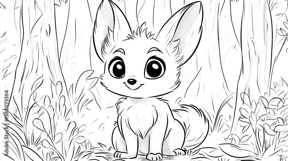 Obraz premium Cute cartoon fox in a forest, coloring page, children's book illustration, printable activity