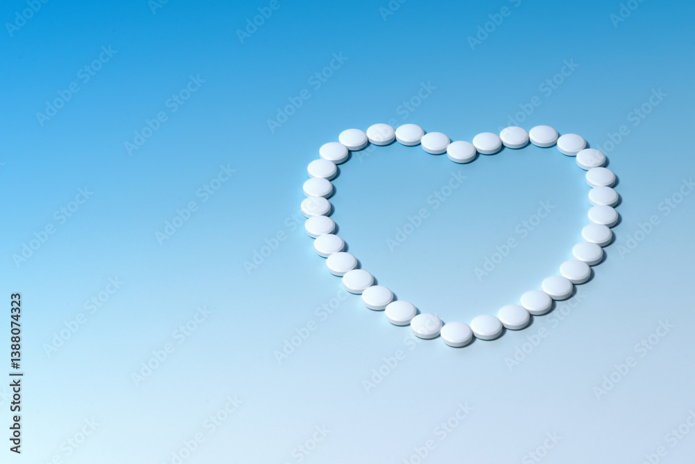 Heart symbol arranged from pills on a blue background Heart symbol arranged from pills on a blue background