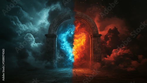 A Mystical Bifurcation  Two Paths Unveiled Through a Celestial Archway of Ice and Fire
