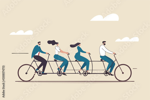 Teamwork working together for success, togetherness or cooperation, collaboration or support other to win together concept, business people employees on tandem bicycle forward metaphor of teamwork.
