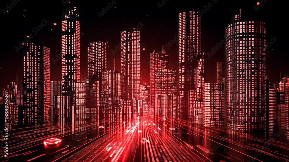 Abstract red technology background with red lines evokes the night city traffic lights on a busy urban highway