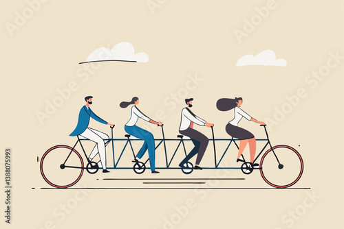 Teamwork working together for success, togetherness or cooperation, collaboration or support other to win together concept, business people employees on tandem bicycle forward metaphor of teamwork.