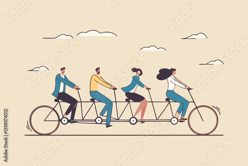 Teamwork working together for success, togetherness or cooperation, collaboration or support other to win together concept, business people employees on tandem bicycle forward metaphor of teamwork.