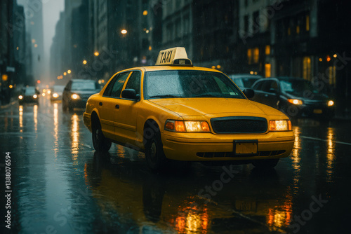 Yellow taxi cab on rainy city street at night
