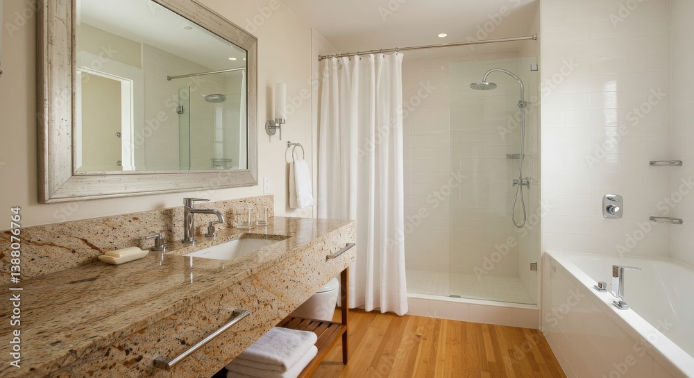A sleek bathroom featuring a granite vanity, bamboo flooring, and linen shower curtains, blending natural materials with modern functionality for a serene and stylish space