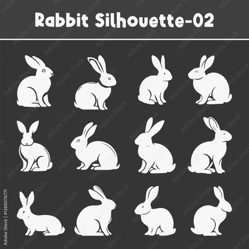 Isolated silhouettes of Easter bunnies on a dark background, comprising a set of diverse rabbit shapes for design