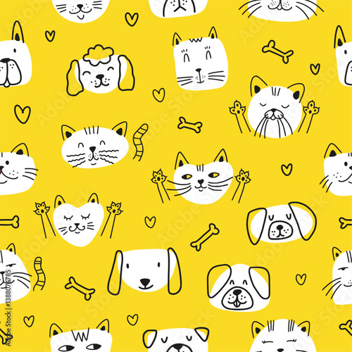 Vector seamless pattern of different dog and cat faces, hand drawn in doodle style