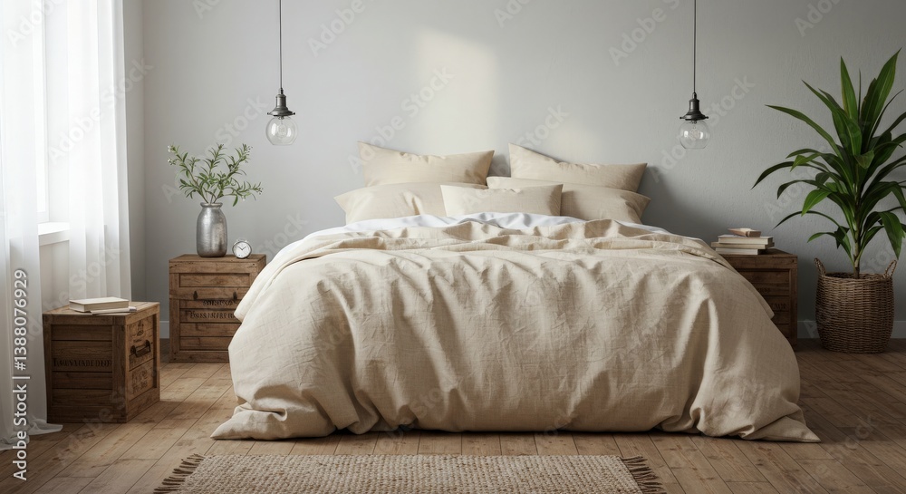 A peaceful bedroom featuring organic cotton bedding, upcycled décor items, and a neutral color palette, promoting sustainability and comfort