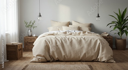 Obraz na płótnie A peaceful bedroom featuring organic cotton bedding, upcycled décor items, and a neutral color palette, promoting sustainability and comfort w salonie