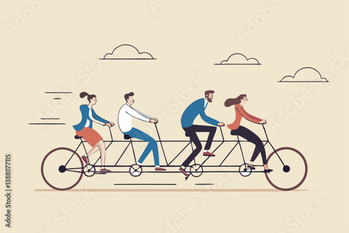Teamwork working together for success, togetherness or cooperation, collaboration or support other to win together concept, business people employees on tandem bicycle forward metaphor of teamwork.