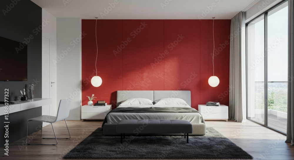 A modern bedroom with a striking red accent wall behind the bed, complemented by monochromatic décor, creating a bold and stylish atmosphere