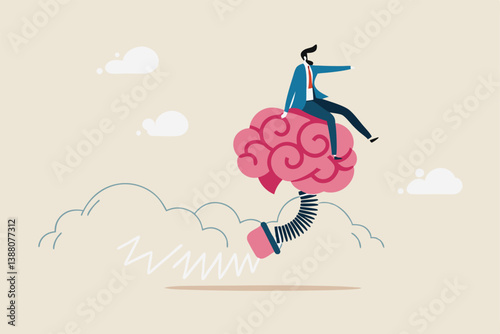 Brain intelligence, resilience or creativity to control thinking process for new idea, smart or wisdom to brainstorm, imagination to success concept, businessman riding human brain with springboard.