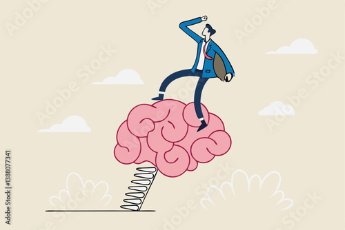 Brain intelligence, resilience or creativity to control thinking process for new idea, smart or wisdom to brainstorm, imagination to success concept, businessman riding human brain with springboard.
