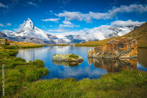 Obraz na płótnie Beautiful view with famous Matterhorn from the Stellisee lake, Switzerland w salonie