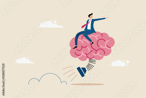Brain intelligence, resilience or creativity to control thinking process for new idea, smart or wisdom to brainstorm, imagination to success concept, businessman riding human brain with springboard.