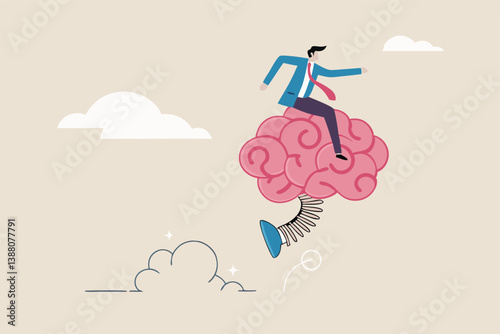 Brain intelligence, resilience or creativity to control thinking process for new idea, smart or wisdom to brainstorm, imagination to success concept, businessman riding human brain with springboard.