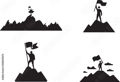 Silhouette of people reaching the top of mountains, representing success and achievement.