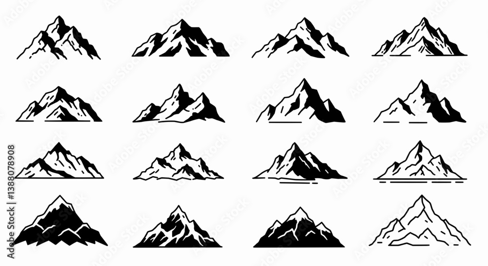 Fototapeta premium A set of twelve illustrations of mountain ranges, presented in a flat, cartoonish style. Each mountain range is depicted with simple, clear black lines on a white background. Vector Illustration