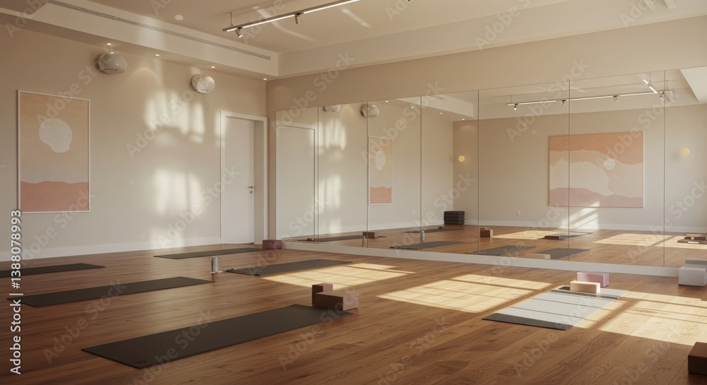 Peaceful yoga room with hardwood floors, full-length mirrors, and calming wall art. A balanced, tranquil space designed for mindfulness and movement
