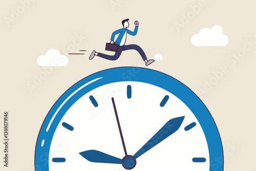 Time run out, deadline or hurry to go to the office late, urgency or determination to finish work fast, stressed or anxiety to complete work concept, hurry businessman run fast on time run out clock.