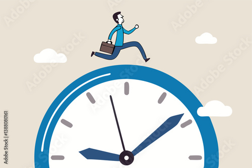 Time run out, deadline or hurry to go to the office late, urgency or determination to finish work fast, stressed or anxiety to complete work concept, hurry businessman run fast on time run out clock.