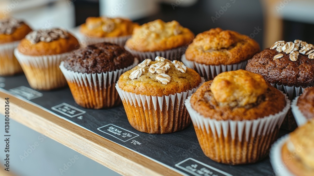 A selection of freshly baked muffins displayed on a wooden shelf, showcasing various flavors and toppings in an inviting setting. A selection of freshly baked muffins displayed on a wooden shelf, showcasing various flavors and toppings in an inviting setting.