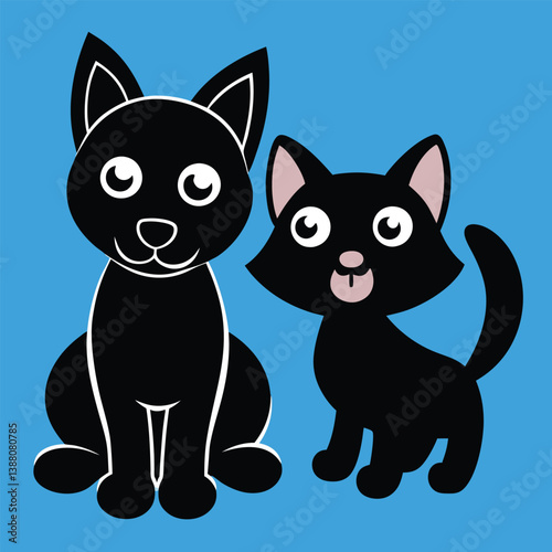 Cartoon illustration of black and white cats, a kitten, a dog, and a mouse in a cute and funny design, featuring silhouettes and playful interactions between pets