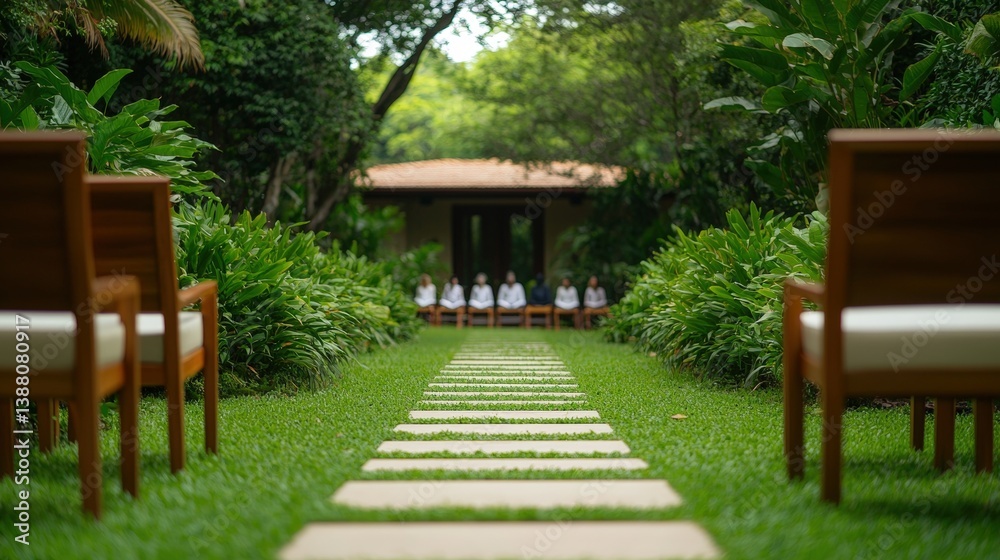 Obraz premium A serene garden path lined with chairs leads to a lush green space, where people are seated, creating a tranquil atmosphere for relaxation or gathering.