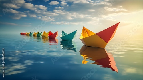 Vibrant paper boats float gracefully on calm waters during a serene sunset, forming a colorful line against the peaceful sky