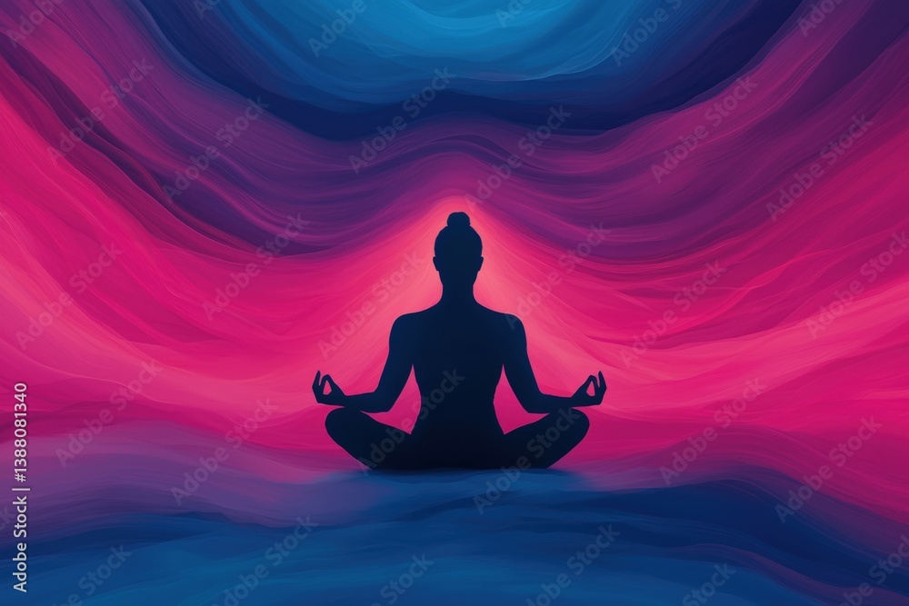 A silhouette of a meditating figure against a vibrant abstract background of swirling pink and blue colors, symbolizing tranquility and inner peace. A silhouette of a meditating figure against a vibrant abstract background of swirling pink and blue colors, symbolizing tranquility and inner peace.