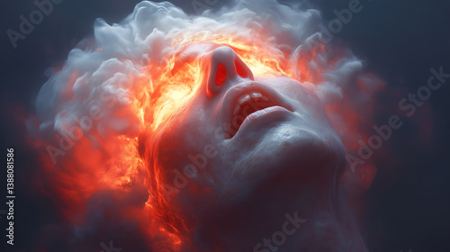 A figure appears lost in a moment of intense emotion, as vibrant fiery clouds burst from the head, creating a surreal ambiance filled with mystery and intrigue