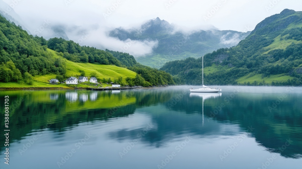 Fototapeta premium Misty fjord landscape with sailboat reflection