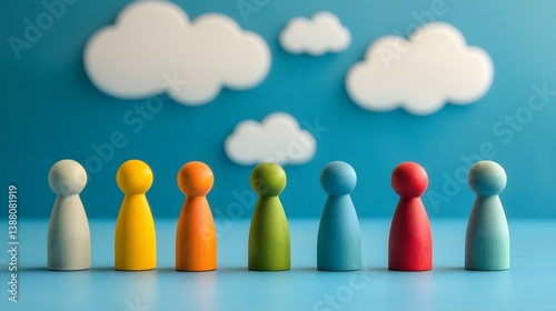 A vibrant array of wooden figurines, painted in various colors, is lined up against a serene blue backdrop featuring fluffy white clouds