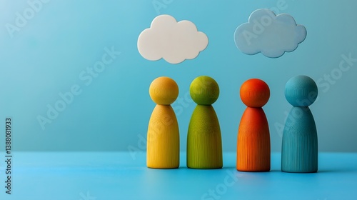 Colorful wooden figurines of varying heights express different emotions against a blue background with playful clouds above