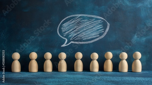 Wooden figures lined up against a blue wall with a chalk speech bubble drawn above, suggesting communication or discussion in a creative setting