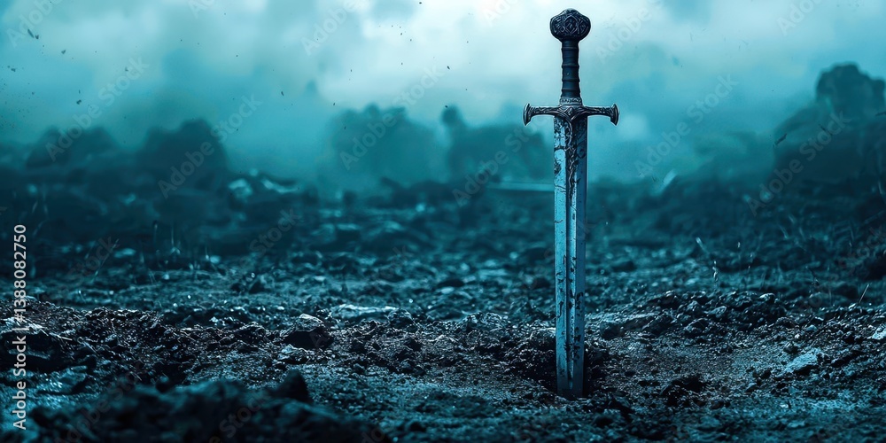 Naklejka premium A sword is standing in the middle of a foggy field